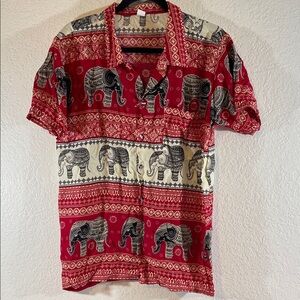 Elephant Short Sleeve Button Shirt Red Made In Thailand Size Large